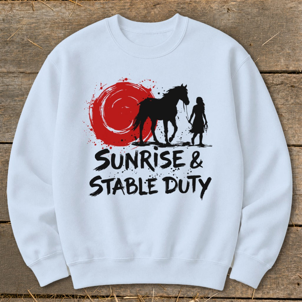 White sweatshirt with black text and graphic of horse and person with red circle.