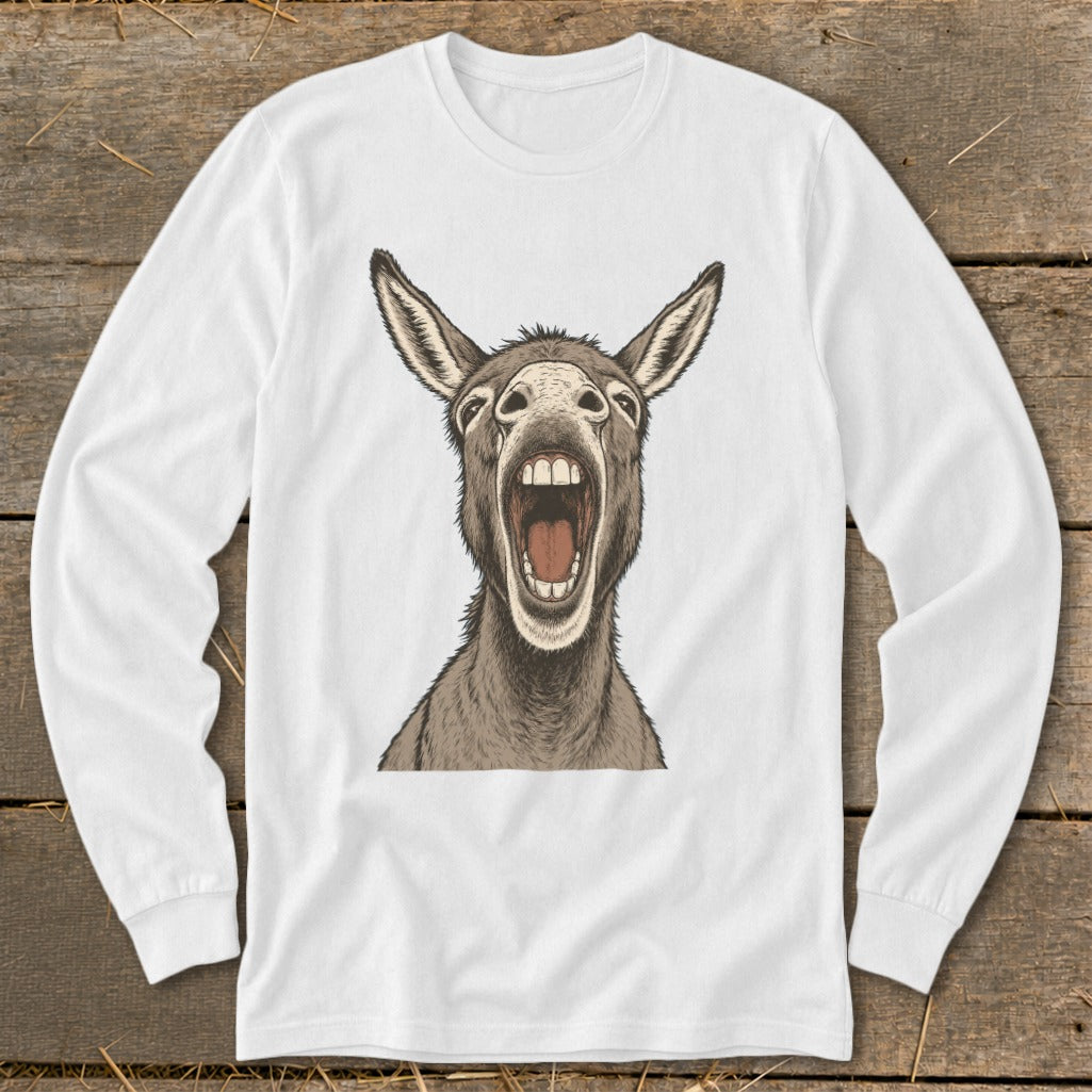 White long-sleeve shirt with a graphic of a donkey with its mouth wide open.