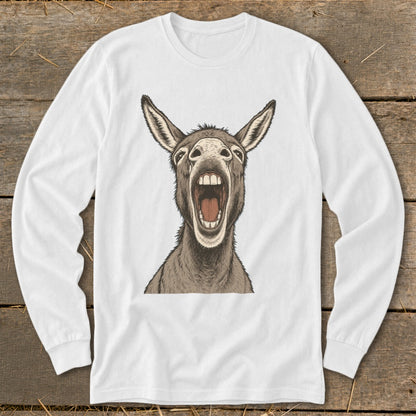 White long-sleeve shirt with a graphic of a donkey with its mouth wide open.