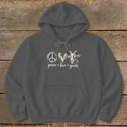 Dark gray hoodie with "Peace Love Goats" text and colorful peace sign, heart, and goat graphics.