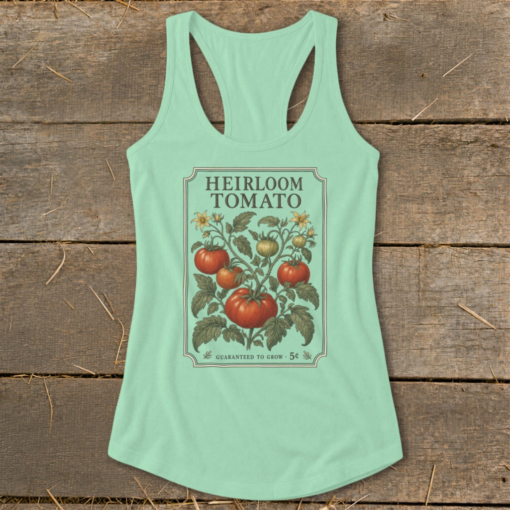 Mint green tank top with an heirloom tomato seed packet design.