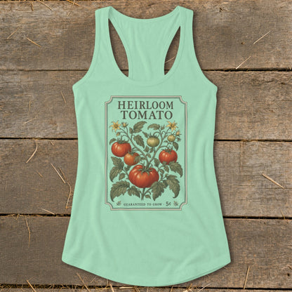 Mint green tank top with an heirloom tomato seed packet design.