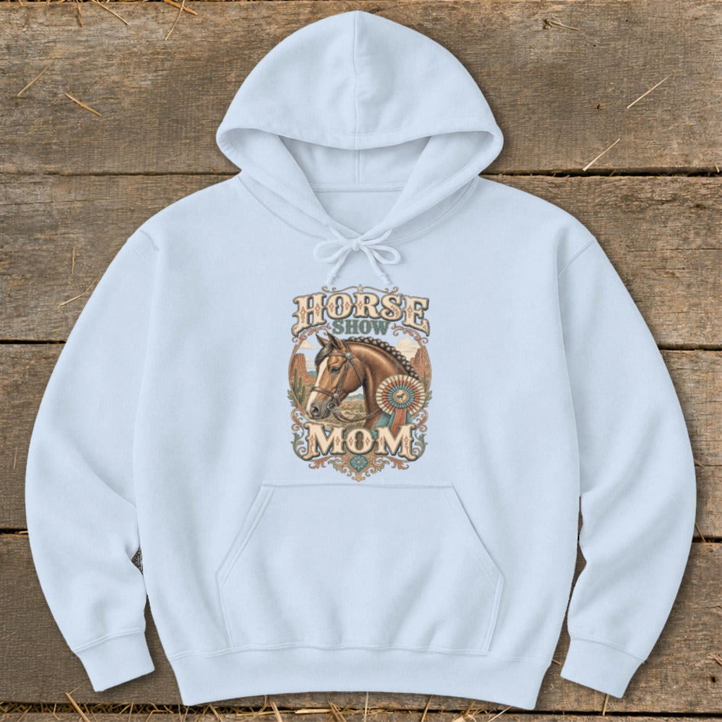 Light blue hoodie with "Horse Show Mom" text and a horse graphic with ribbons.