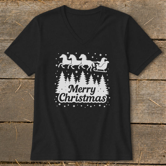 Black t-shirt with white Christmas design featuring horses, sleigh, and trees.