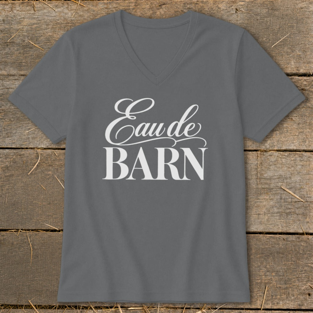 Gray v-neck t-shirt with white text "Eau de BARN".
