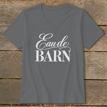 Gray v-neck t-shirt with white text "Eau de BARN".