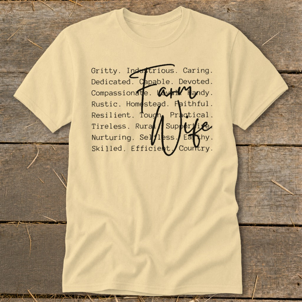 Light yellow t-shirt with "Farm Wife" and descriptive words in black text.