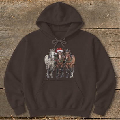 Three horses, one with a Santa hat, decorated with Christmas lights.