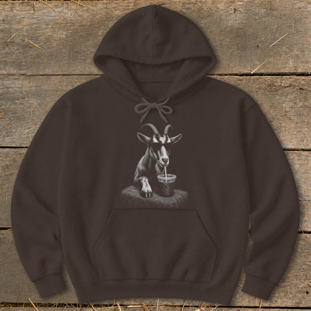 Brown hoodie with a sketch of a goat wearing sunglasses drinking from a cup.