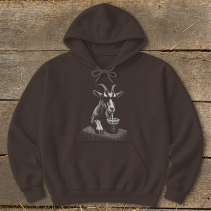 Brown hoodie with a sketch of a goat wearing sunglasses drinking from a cup.