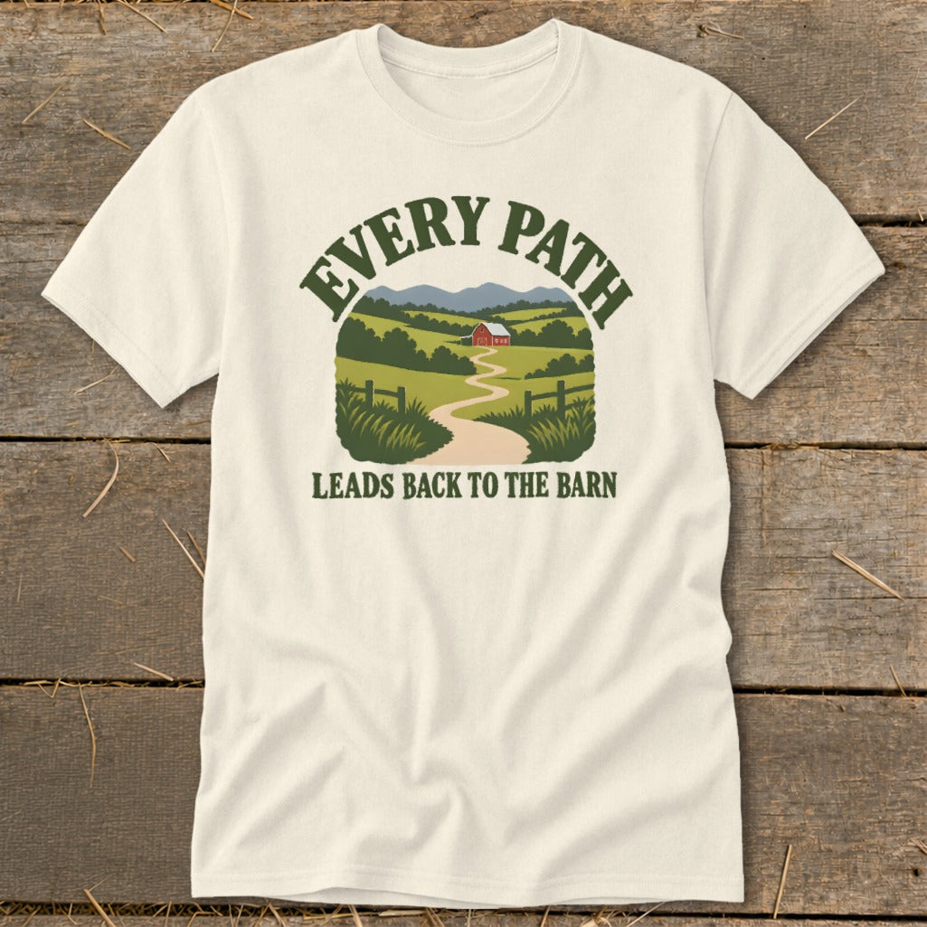 Cream t-shirt with a graphic of a winding path leading to a red barn.
