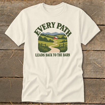 Cream t-shirt with a graphic of a winding path leading to a red barn.
