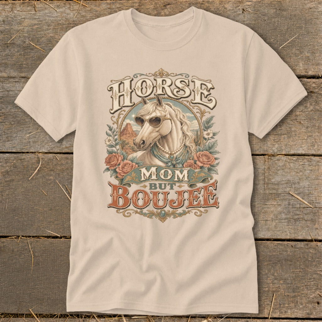 White horse wearing sunglasses and pearls, with "Horse Mom But Boujee" text.