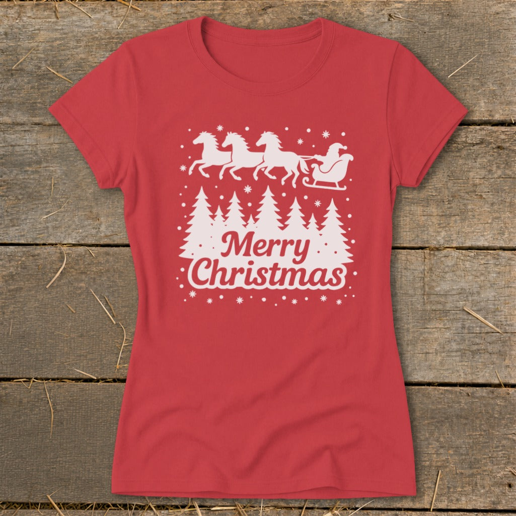 Red t-shirt with white graphic of horses pulling Santa's sleigh and "Merry Christmas".