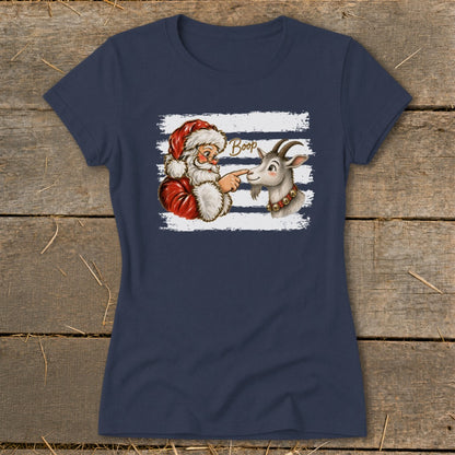 Santa Claus boops a goat with the word "Boop" above.
