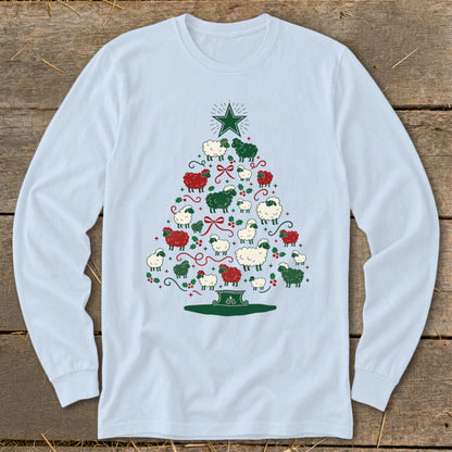 Light blue long sleeve shirt with Christmas tree made of sheep, green star, and red bows.