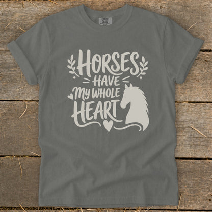 Grey t-shirt with "Horses Have My Whole Heart" text and horse silhouette.