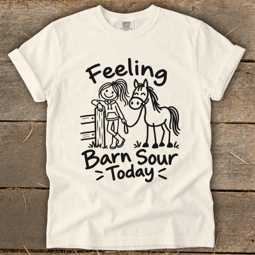 Cream t-shirt with "Feeling Barn Sour Today" text and cartoon girl with horse.