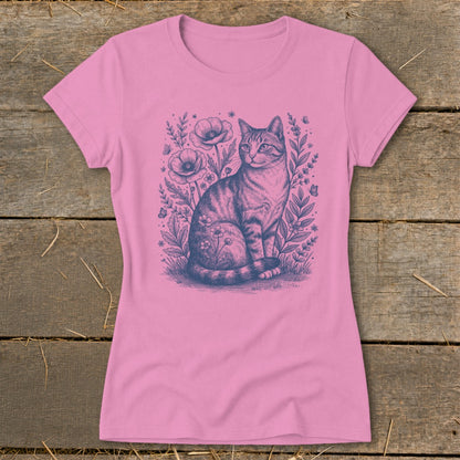 Pink t-shirt with a blue sketch of a cat sitting among flowers and butterflies.