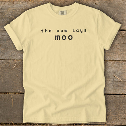 Yellow t-shirt with black text "the cow says moo".