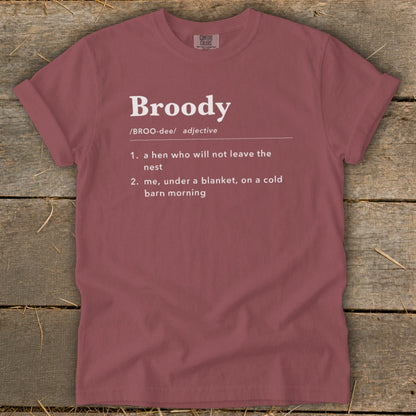 Broody definition: a hen not leaving the nest; me under a blanket.