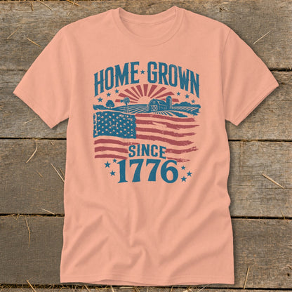 Peach t-shirt with "HOME GROWN SINCE 1776" text and American flag farm scene.