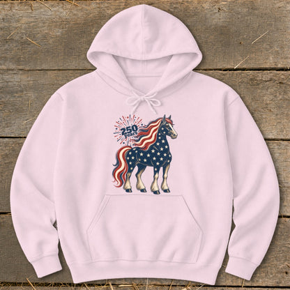 Pink hoodie with a patriotic horse graphic and "250 years" text.