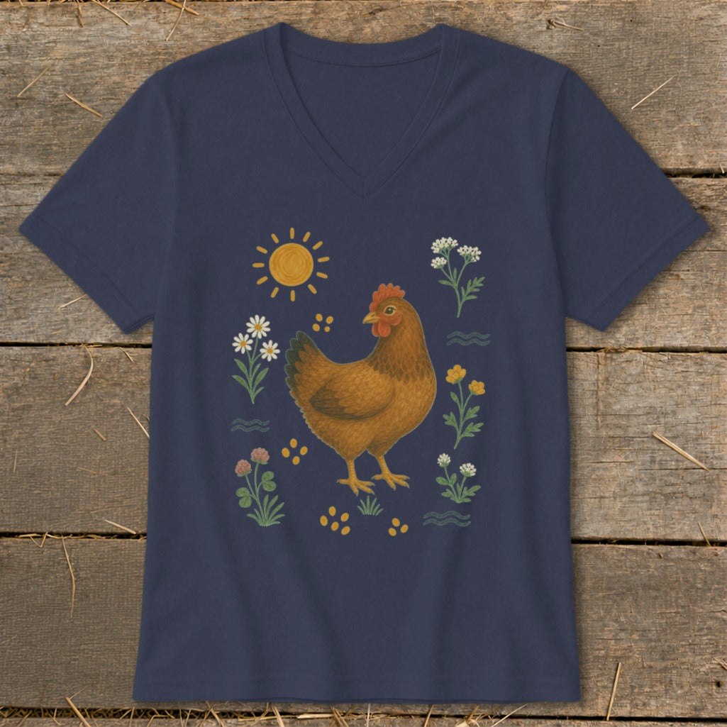 Navy v-neck t-shirt with brown chicken and floral print.