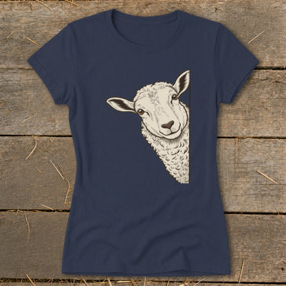 Dark blue t-shirt with a drawing of a sheep peeking from the side.
