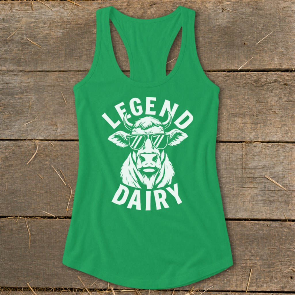 Green tank top with white graphic of a cow wearing sunglasses and text "LEGEND DAIRY".