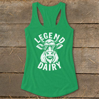 Green tank top with white graphic of a cow wearing sunglasses and text "LEGEND DAIRY".