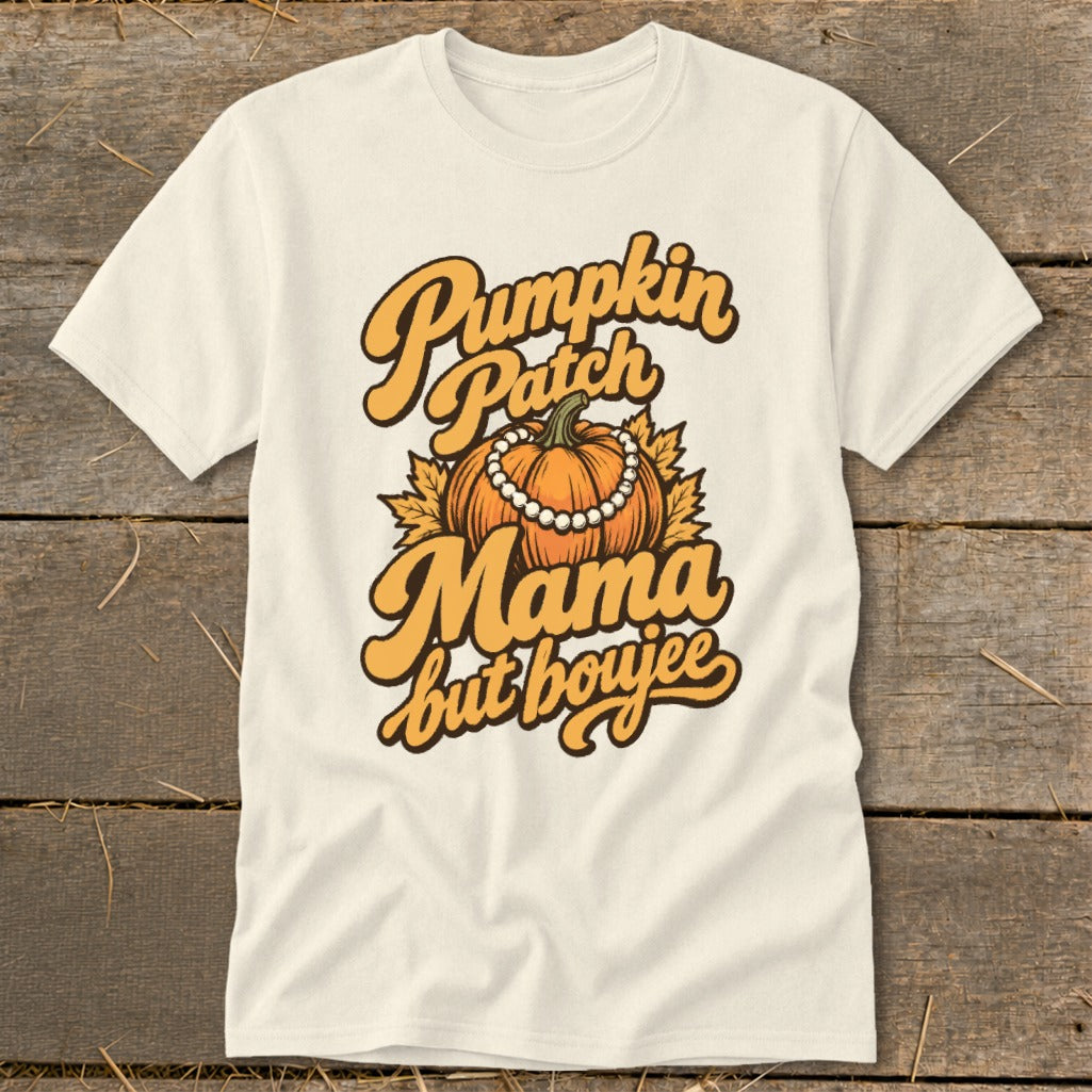 Cream t-shirt with "Pumpkin Patch Mama but boujee" text and pumpkin graphic.