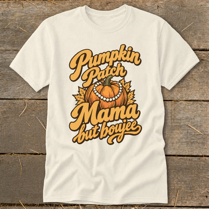 Cream t-shirt with "Pumpkin Patch Mama but boujee" text and pumpkin graphic.