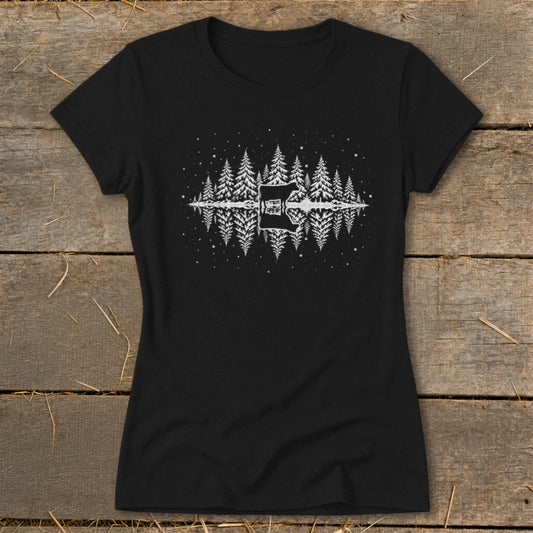 Black t-shirt with white graphic of a cow, pine trees, and stars reflected in water.