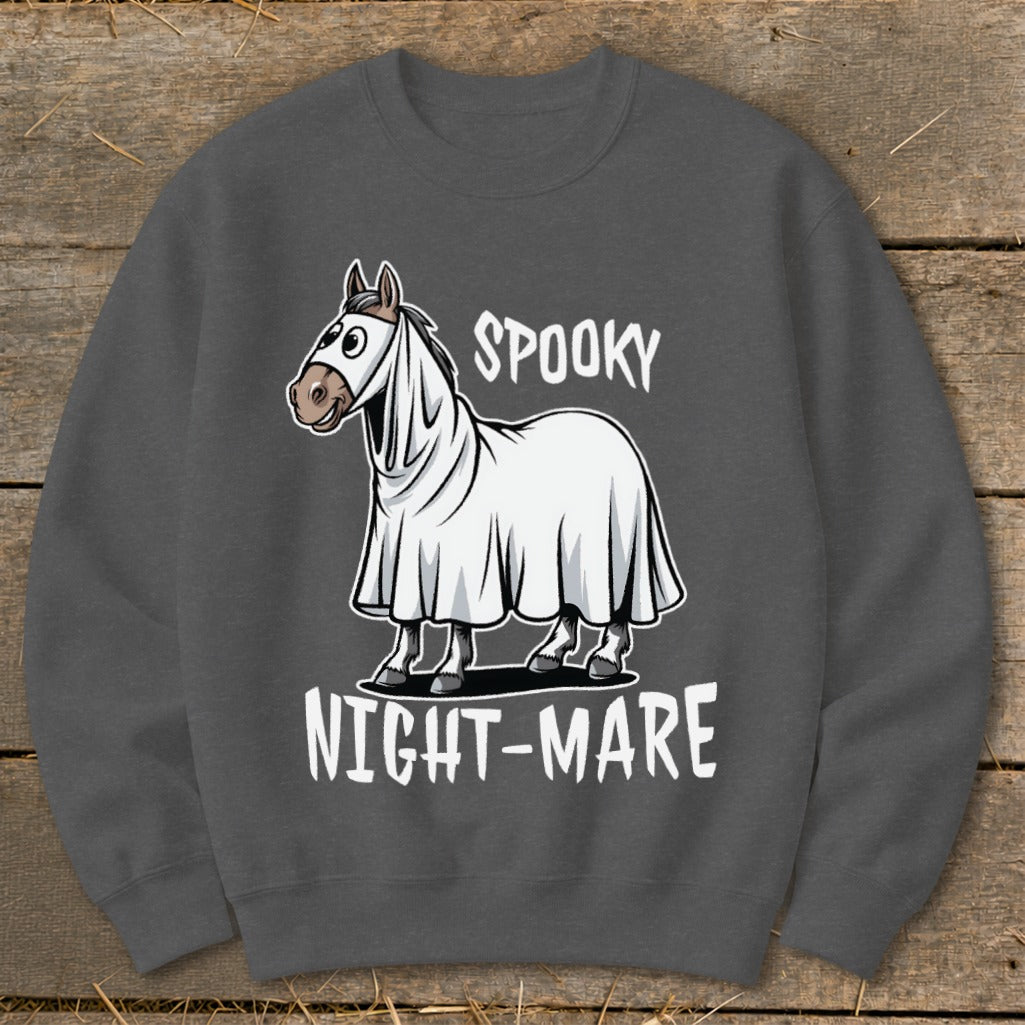 Horse wearing a ghost costume with text "SPOOKY NIGHT-MARE".