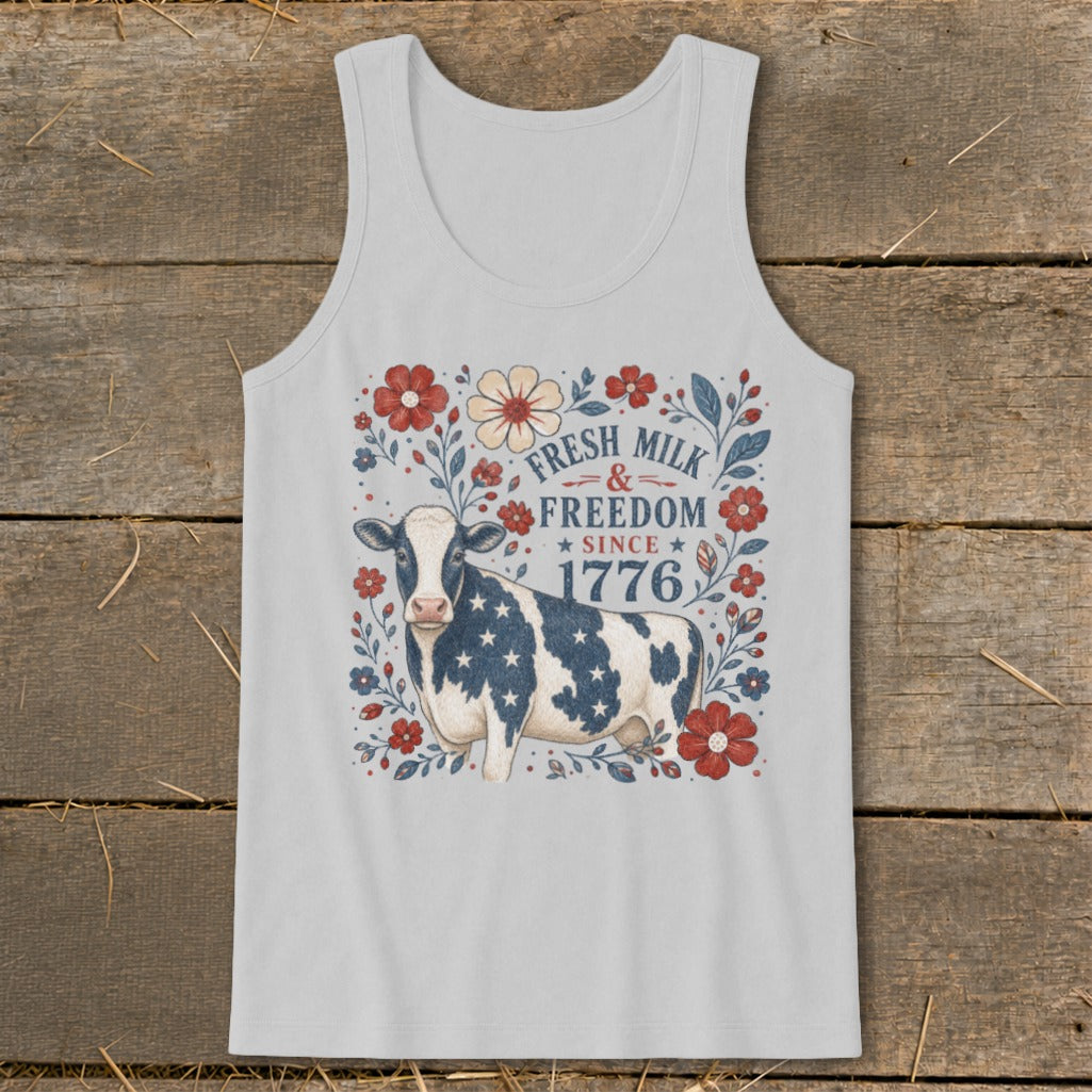 Cow with flag pattern, "Fresh Milk & Freedom Since 1776" text.