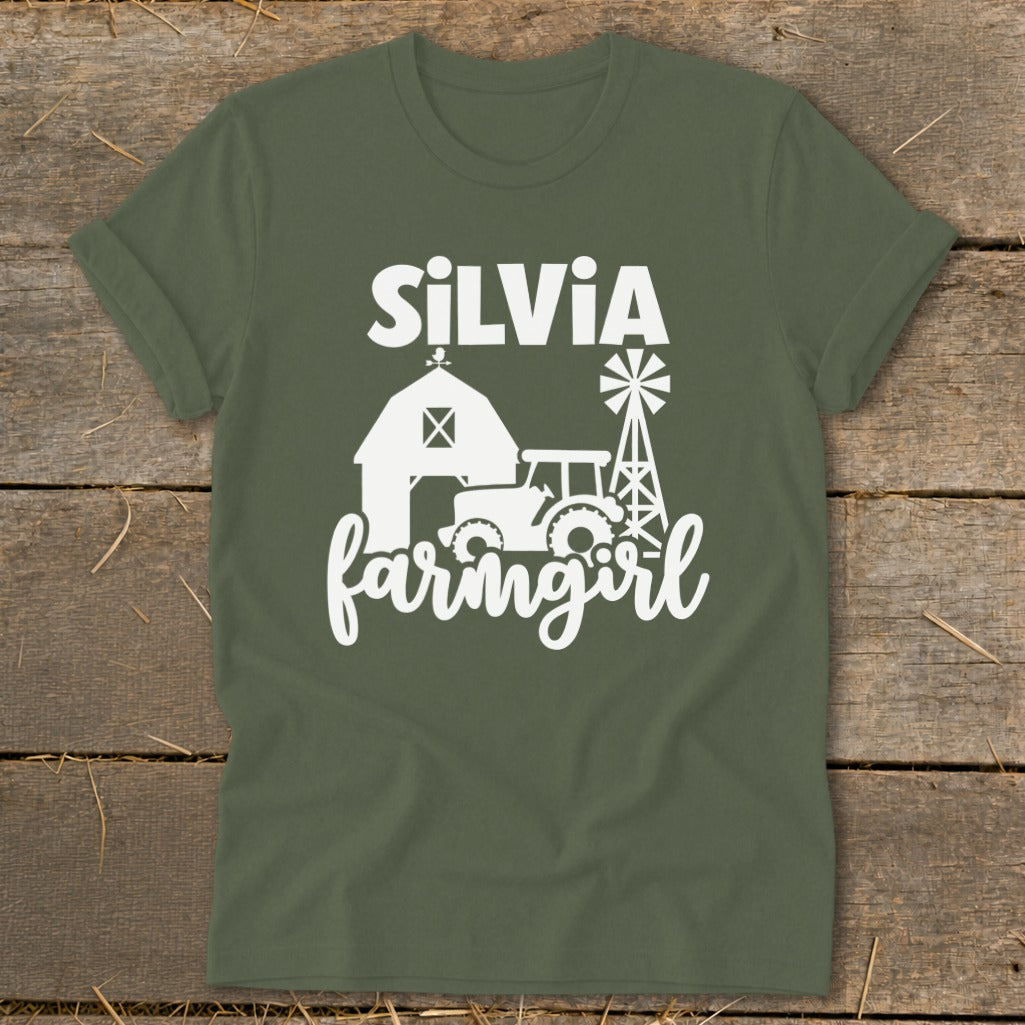 Green t-shirt with "Silvia Farmgirl" text and farm graphics.