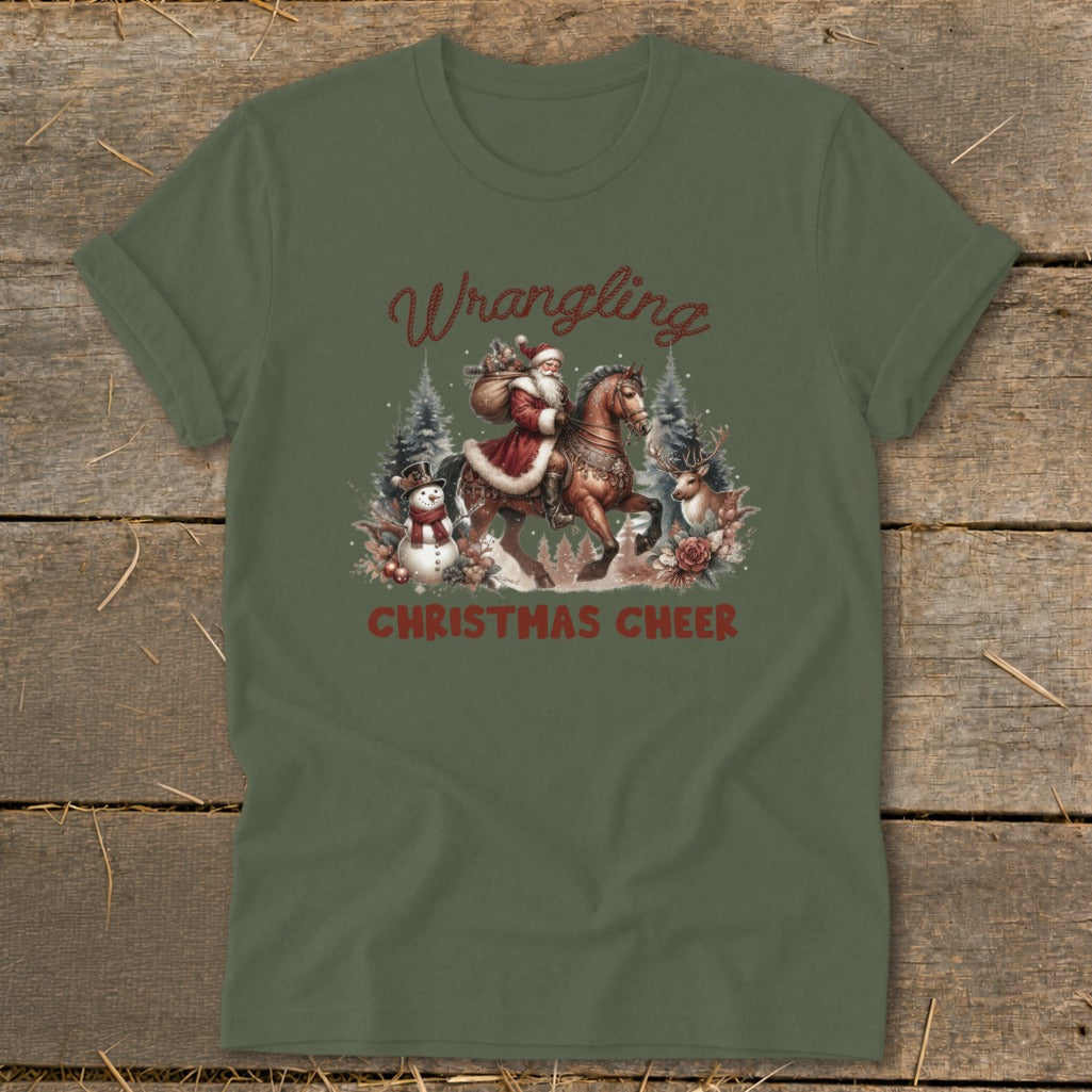 Santa riding a horse with a snowman and reindeer, text "Wrangling Christmas Cheer."