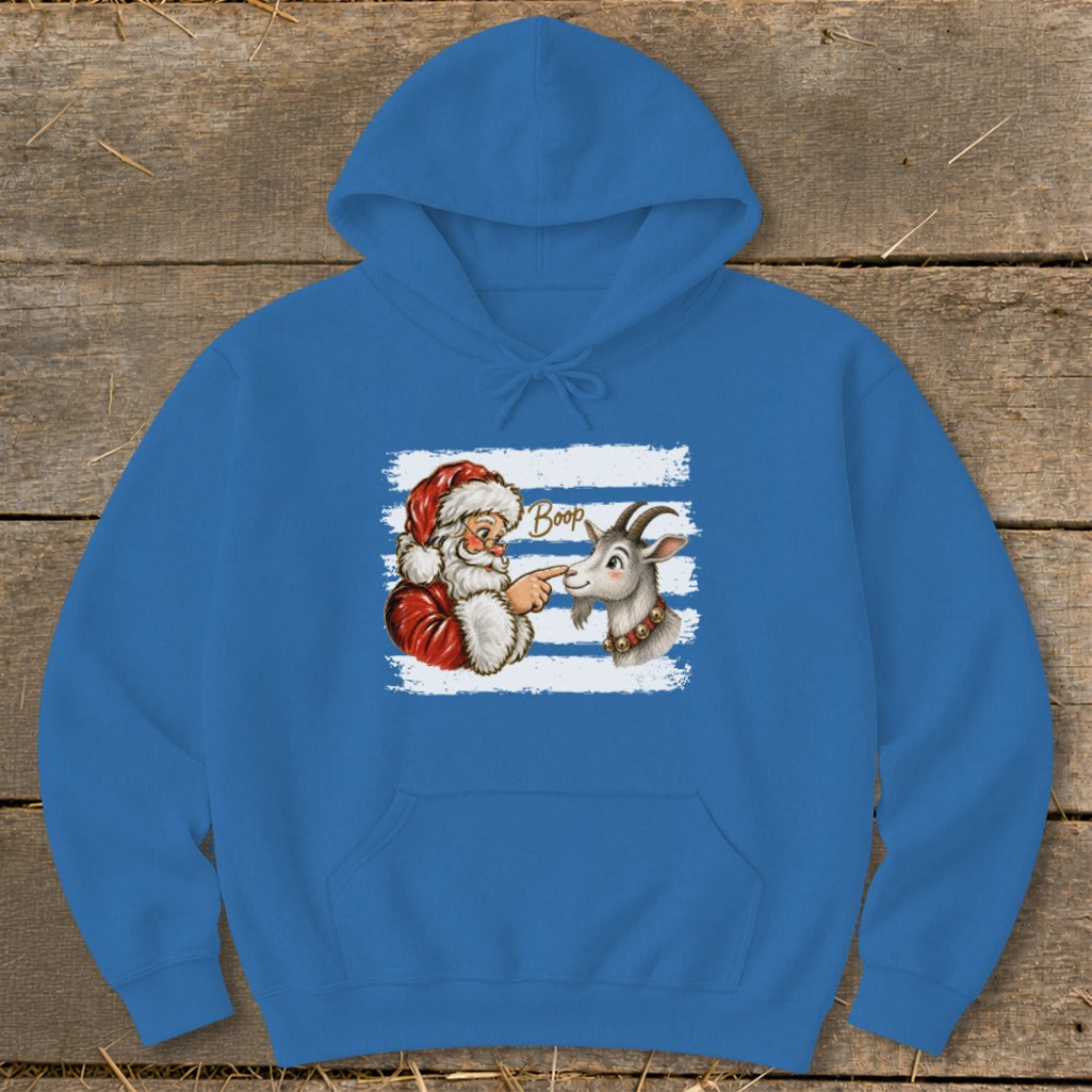 Santa booping a goat's nose with the word "Boop" on a blue hoodie.
