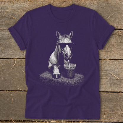 Purple t-shirt with a graphic of a horse wearing sunglasses drinking from a cup.