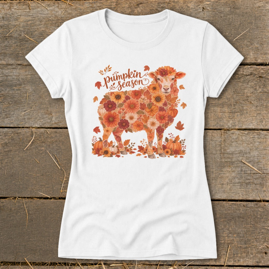 White t-shirt with a sheep made of orange flowers and text "Pumpkin Season".