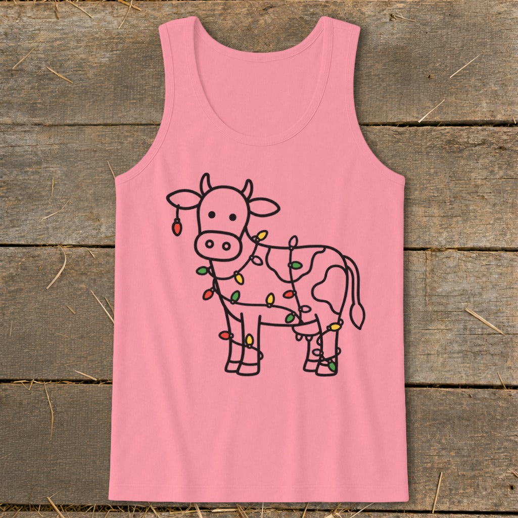 Pink tank top with a black outline drawing of a cow wrapped in colorful Christmas lights.