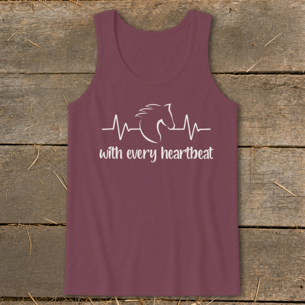 Maroon tank top with white horse and heartbeat graphic and "with every heartbeat" text.