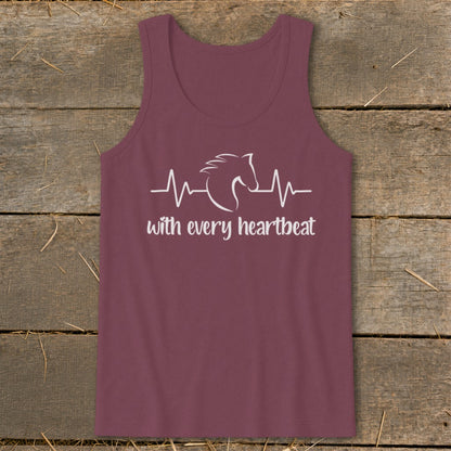 Maroon tank top with white horse and heartbeat graphic and "with every heartbeat" text.