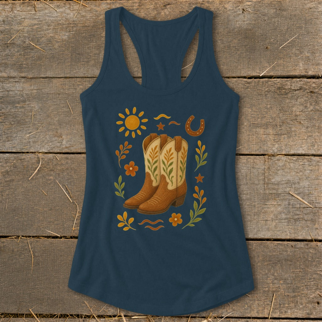 Navy tank top with cowboy boots, sun, flowers, and horseshoe graphic.