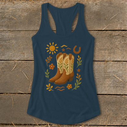 Navy tank top with cowboy boots, sun, flowers, and horseshoe graphic.