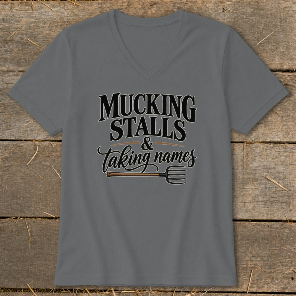 Grey t-shirt with "MUCKING STALLS & Taking names" text and a pitchfork.