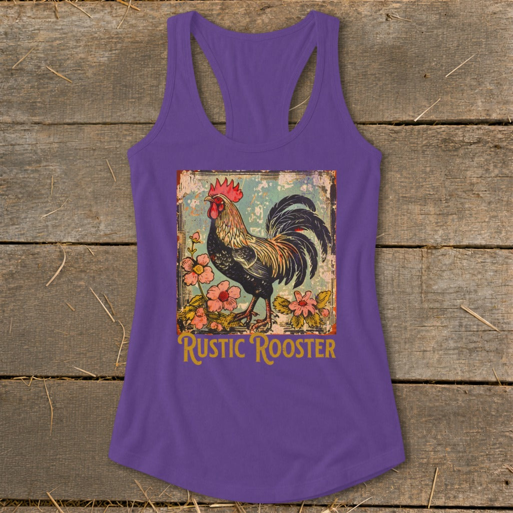 Purple tank top with a distressed graphic of a rooster and flowers, reads "Rustic Rooster".