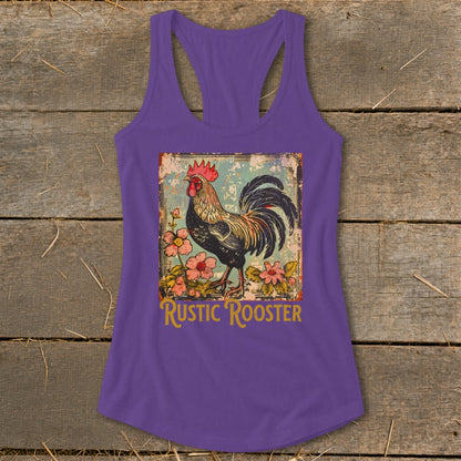 Purple tank top with a distressed graphic of a rooster and flowers, reads "Rustic Rooster".