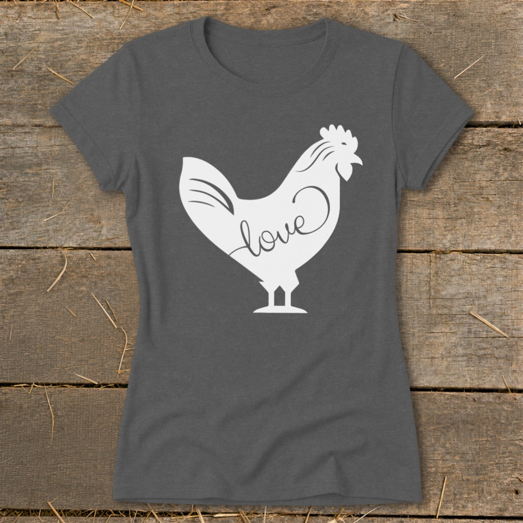 Dark grey t-shirt with a white silhouette of a rooster containing the word "love".
